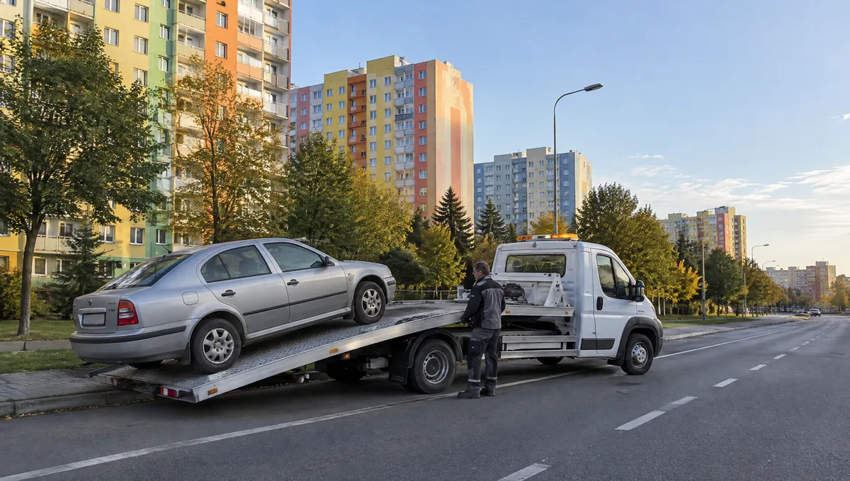 Odtahový vůz nakládá stříbrnou Škodu Octavii u barevných panelových domů na Černém Mostě